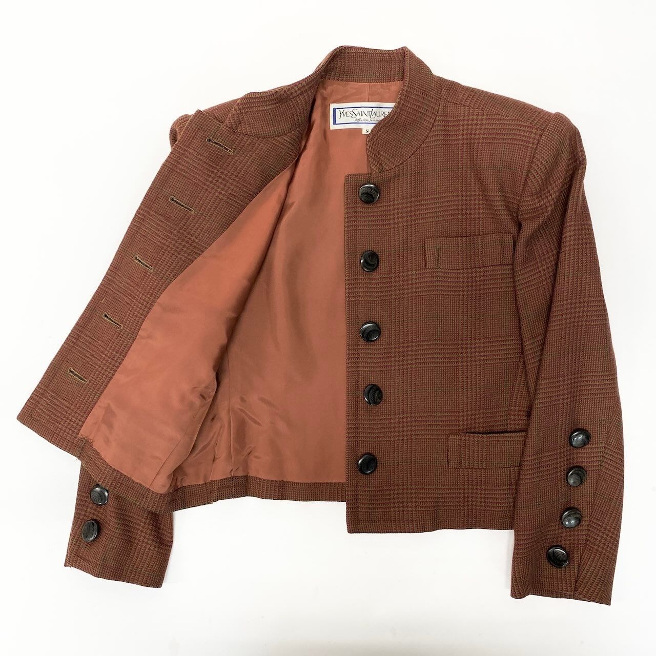 Saint Laurent Yves Set Skirt Suit Plaid Stand Collar Jacket Knee Length S Brown — view 5