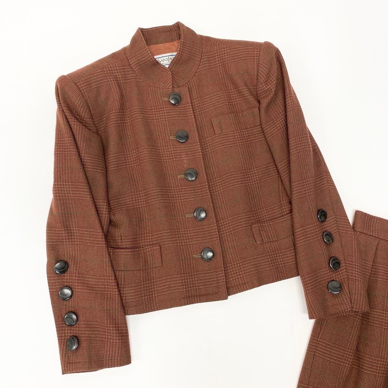 Saint Laurent Yves Set Skirt Suit Plaid Stand Collar Jacket Knee Length S Brown — view 3