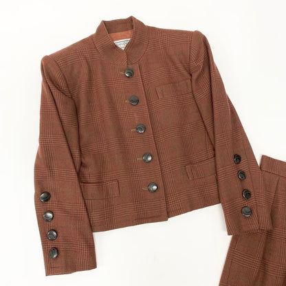 Saint Laurent Yves Set Skirt Suit Plaid Stand Collar Jacket Knee Length S Brown — view 3