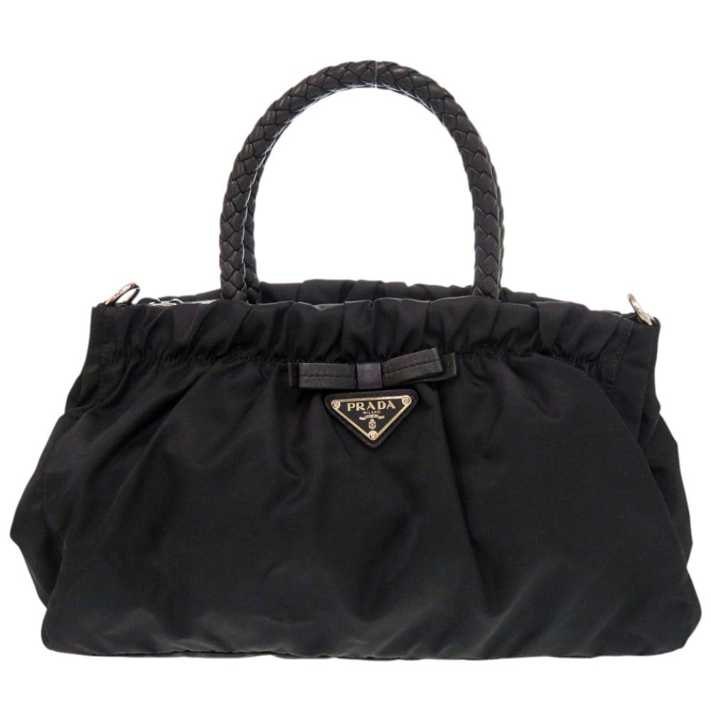 Prada Trssuto Bow Ribbon Nylon Leather Black Handbag