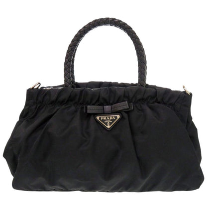 Prada Trssuto Bow Ribbon Nylon Leather Black Handbag