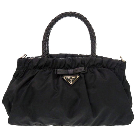 Prada Trssuto Bow Ribbon Nylon Leather Black Handbag