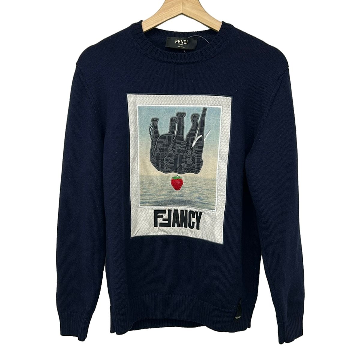 Fendi Long Sleeve Sweater 48 M Elephant Knit Dark Navy Beige Multi Crew