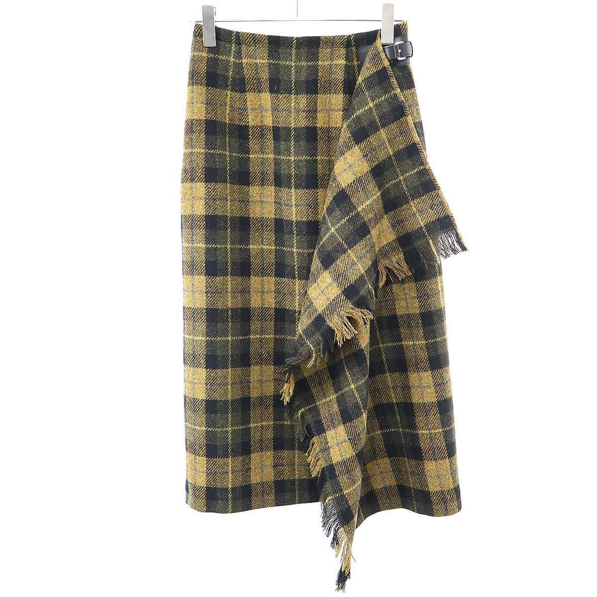 Dior Wool Check Belted Wrap Skirt Brown