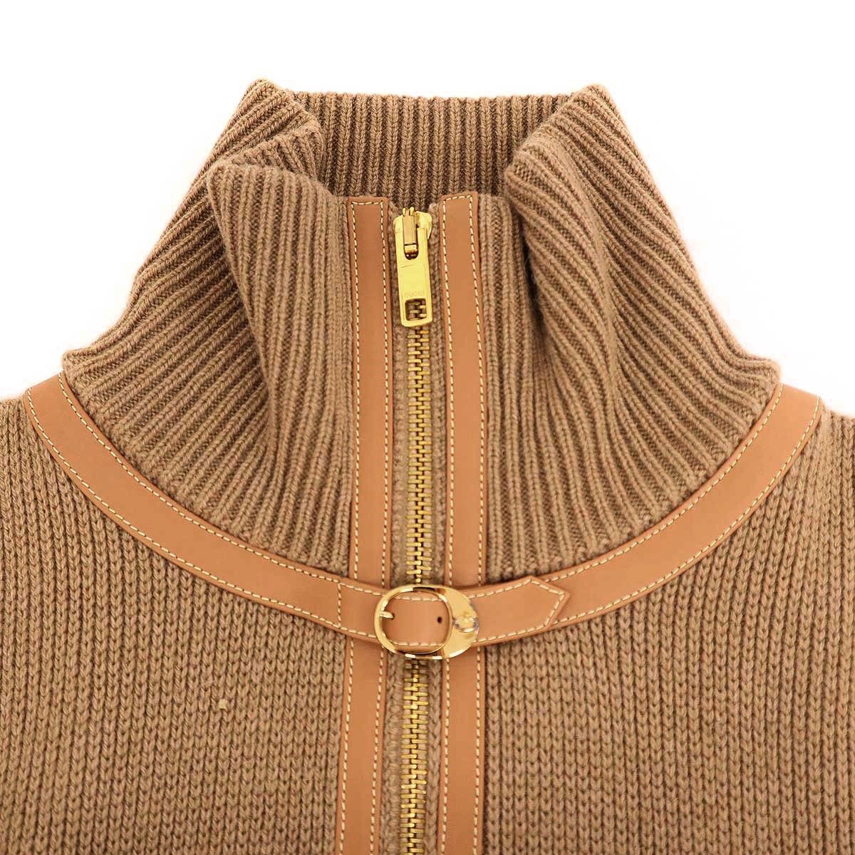 Gucci Garden Leather Camel Zip Up Knit Sweater Brown XS — view 4