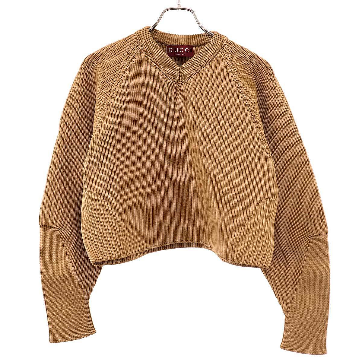 Gucci Chunky Ribbed V-neck Knit Sweater Camel