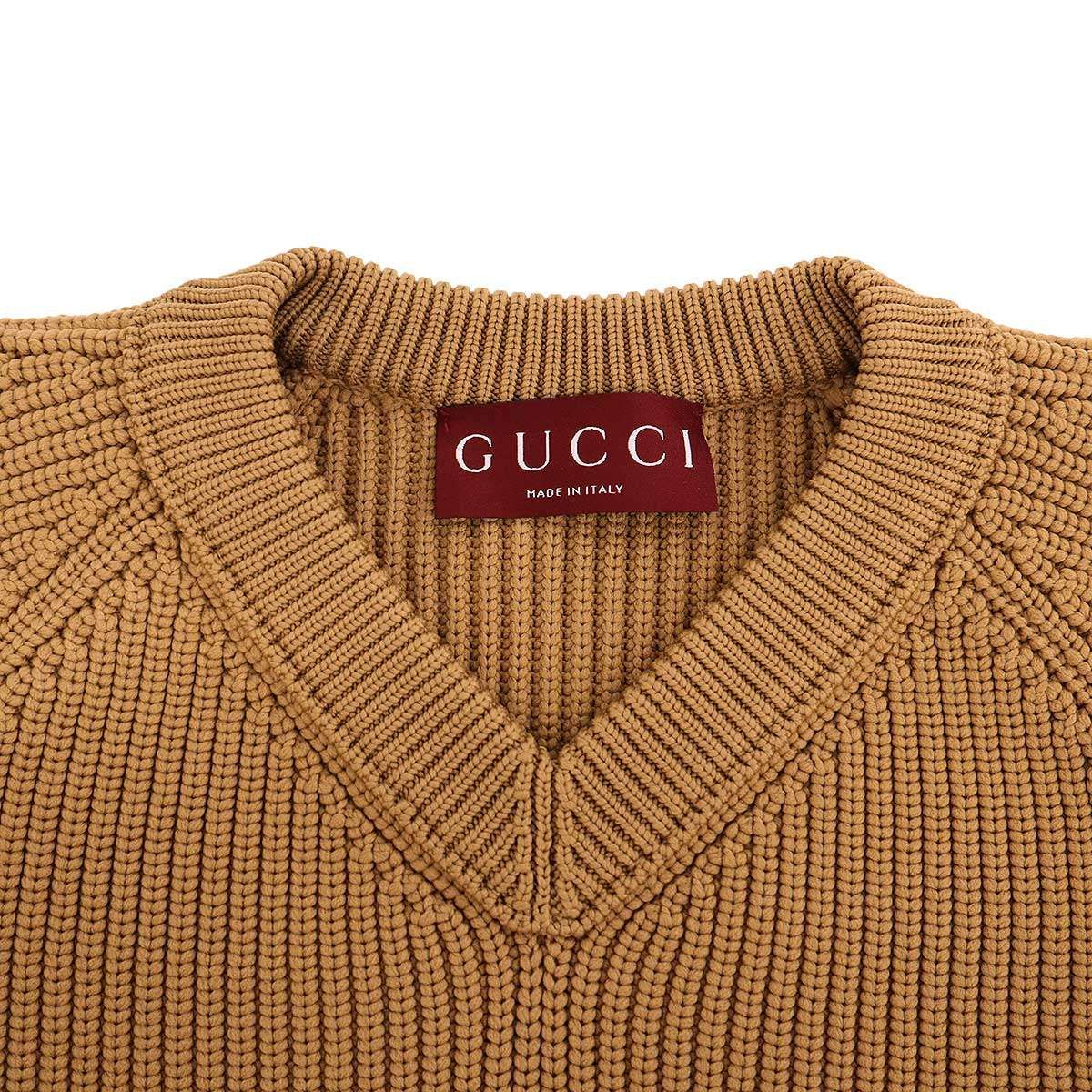 Gucci Chunky Ribbed V-neck Knit Sweater Camel — view 3