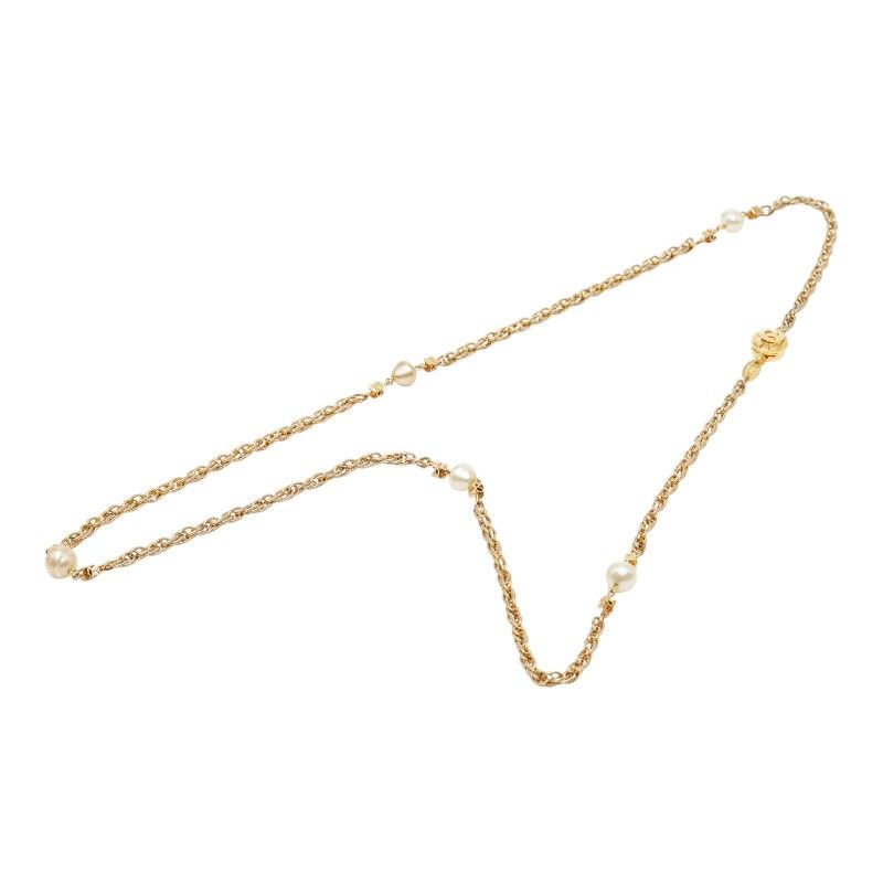 Chanel CC Logo Chain Necklace Vintage Gold Faux Pearl Plated — view 2