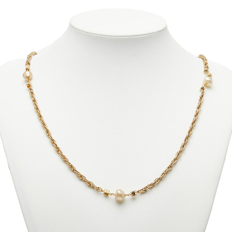 Chanel CC Logo Chain Necklace Vintage Gold Faux Pearl Plated