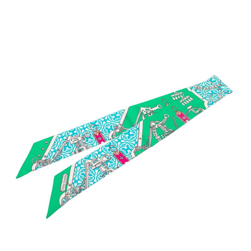Hermes Twilly Mors ET Gourmettes Remix Scarf Green Multicolor Silk