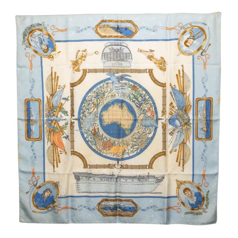 Hermes Carre 90 le Geographe Geographer Scarf Light Blue Multicolor Silk