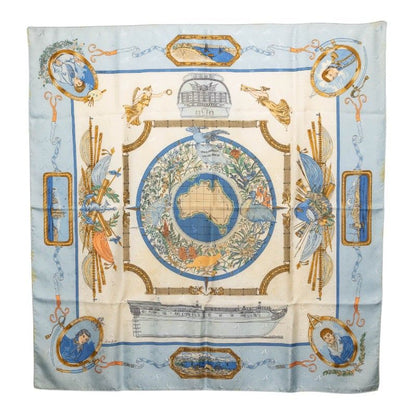 Hermes Carre 90 le Geographe Geographer Scarf Light Blue Multicolor Silk