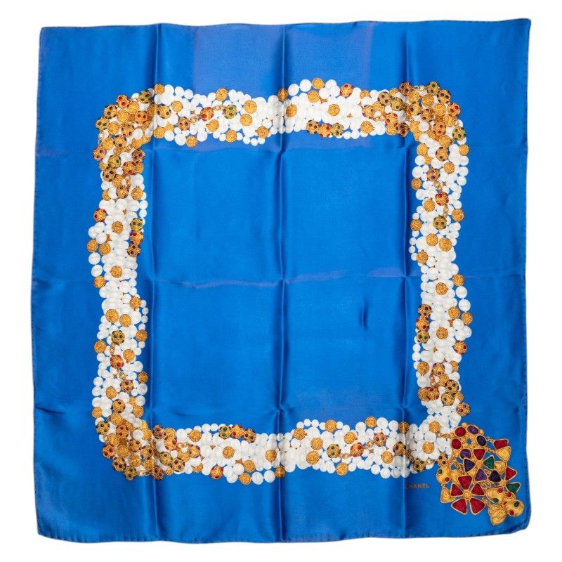 Chanel Pearl Jewel Motif Scarf Blue Multicolor Silk