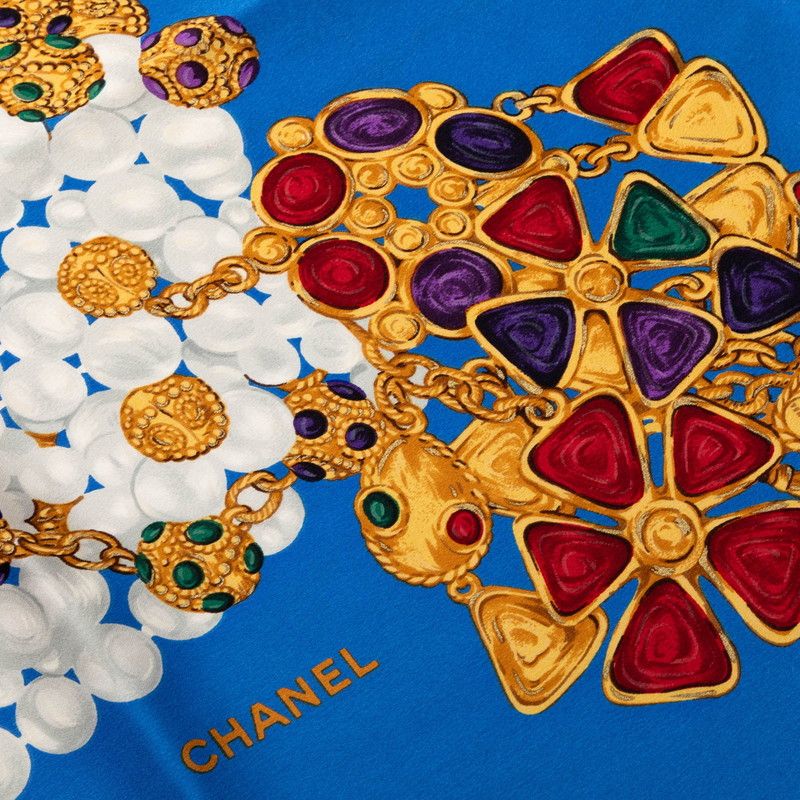 Chanel Pearl Jewel Motif Scarf Blue Multicolor Silk — view 4