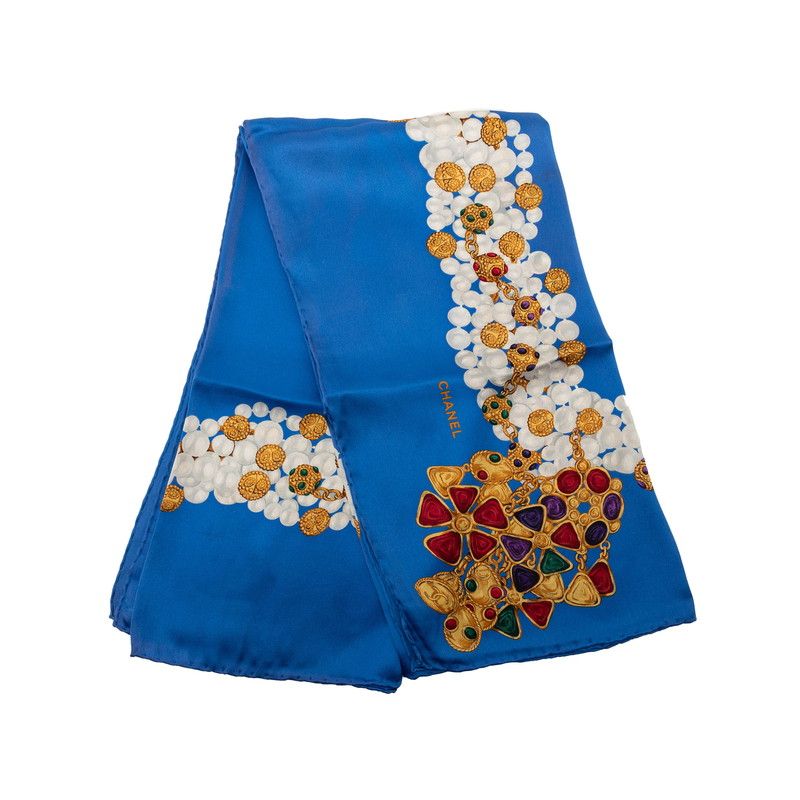 Chanel Pearl Jewel Motif Scarf Blue Multicolor Silk — view 2