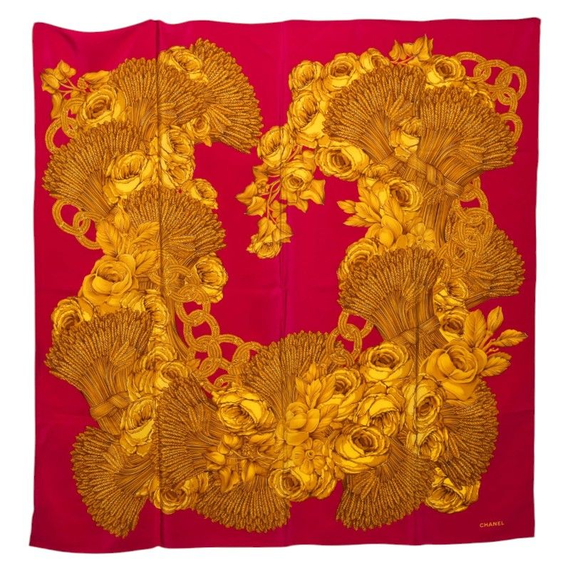 Chanel Camellia CC Logo Scarf Pink Gold Silk