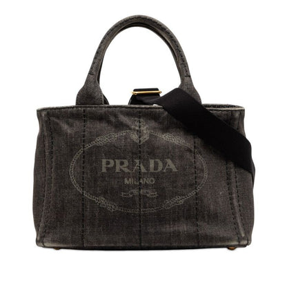 Prada Canapa 2-Way Shoulder Bag Black Gray Denim
