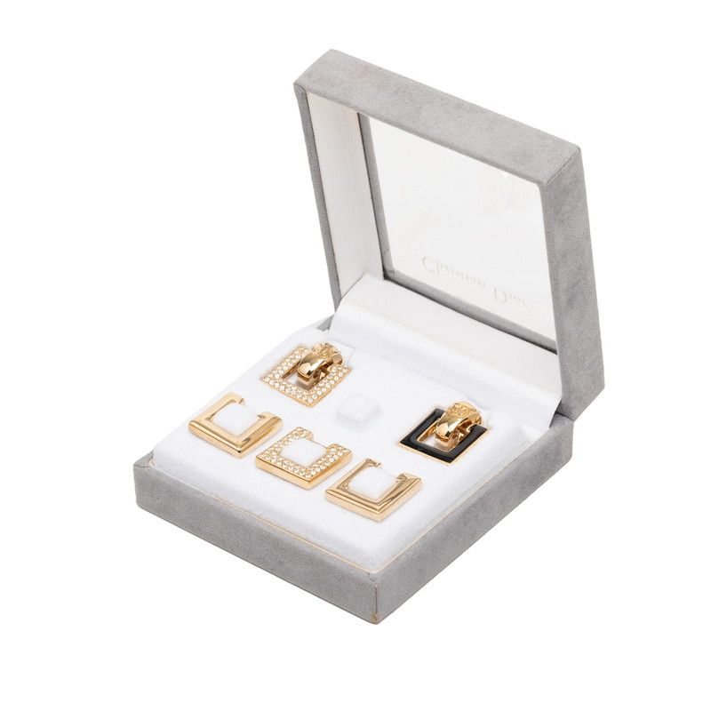 Dior Vintage Earrings Necklace Set Gold Black Plated Line Stone — view 6