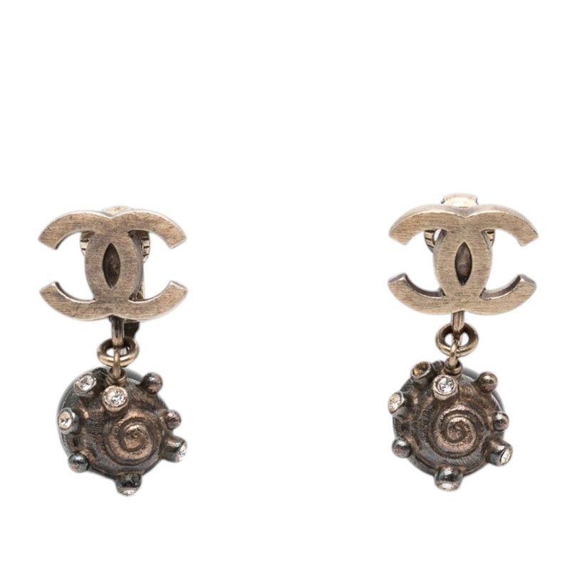 Chanel Earrings 05 Silver Black Metal Line Stone