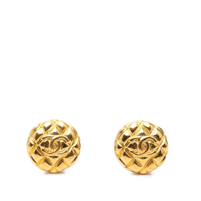 Chanel CC Logo Quilted Round Earrings Vintage Gold Plated