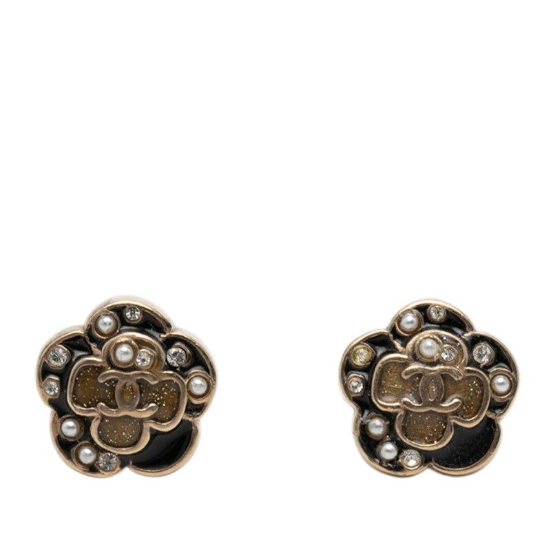 Chanel Camellia CC Logo Pearl Earrings Gold Black Plated Line Stone