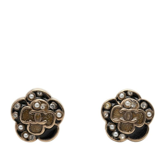 Chanel Camellia CC Logo Pearl Earrings Gold Black Plated Line Stone