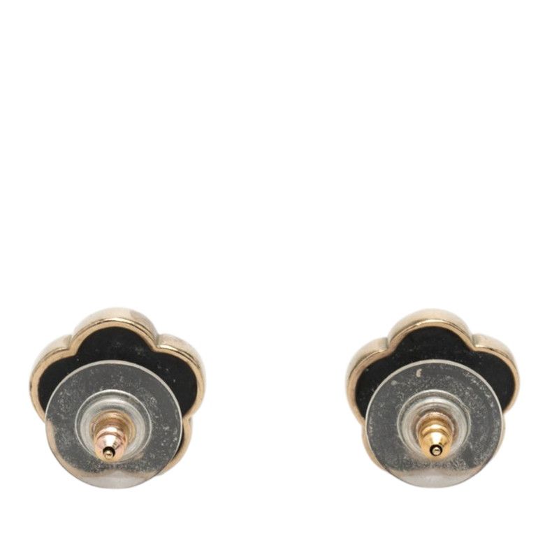 Chanel Camellia CC Logo Pearl Earrings Gold Black Plated Line Stone — view 2