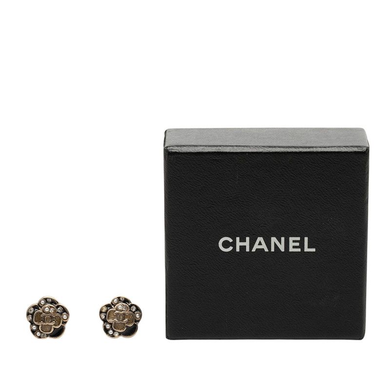 Chanel Camellia CC Logo Pearl Earrings Gold Black Plated Line Stone — view 4