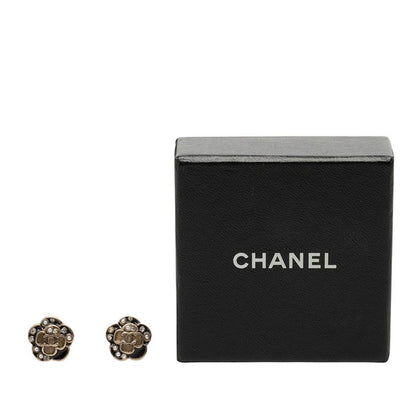 Chanel Camellia CC Logo Pearl Earrings Gold Black Plated Line Stone — view 4