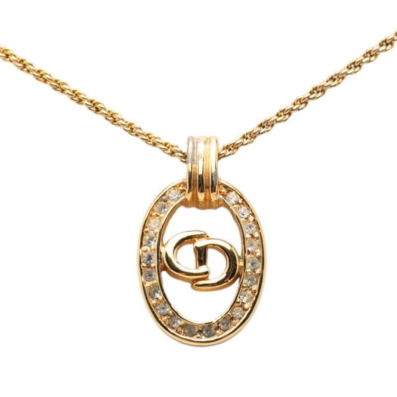 Dior CD Logo Oval Chain Pendant Necklace Gold Plated Line Stone