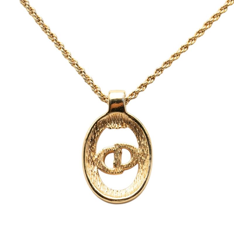 Dior CD Logo Oval Chain Pendant Necklace Gold Plated Line Stone — view 2