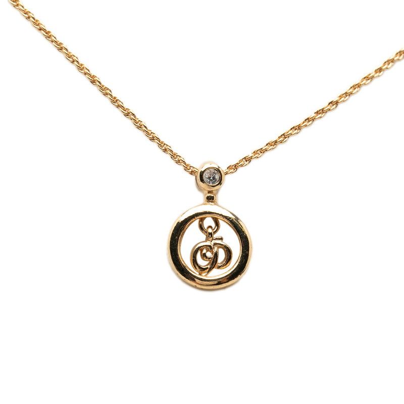 Dior Logo Chain Pendant Necklace Gold Plated Line Stone