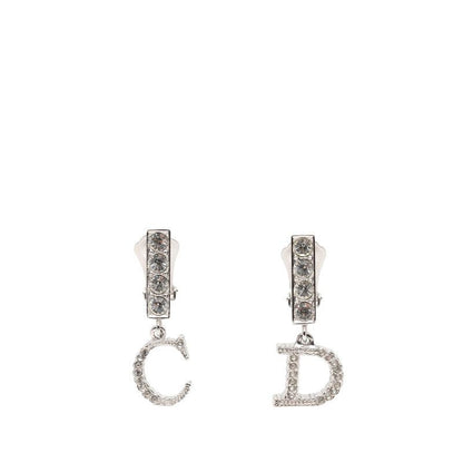 Dior CD Logo Earrings Silver Metal Line Stone