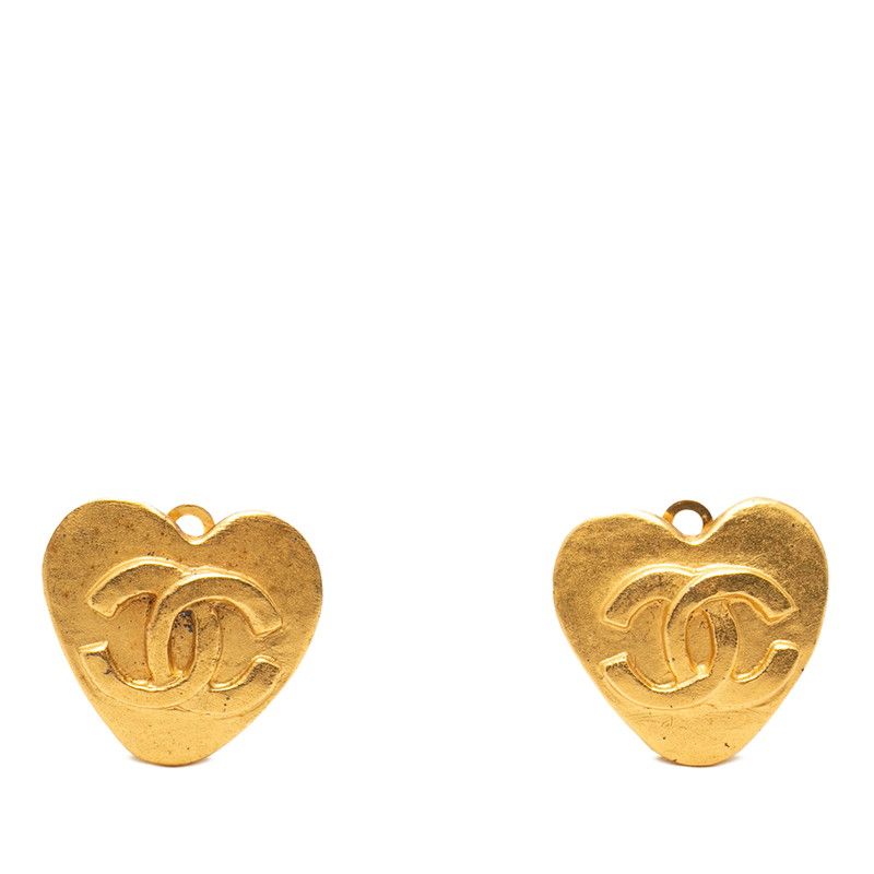 Chanel CC Logo Heart Motif Earrings 95 Vintage Gold Plated