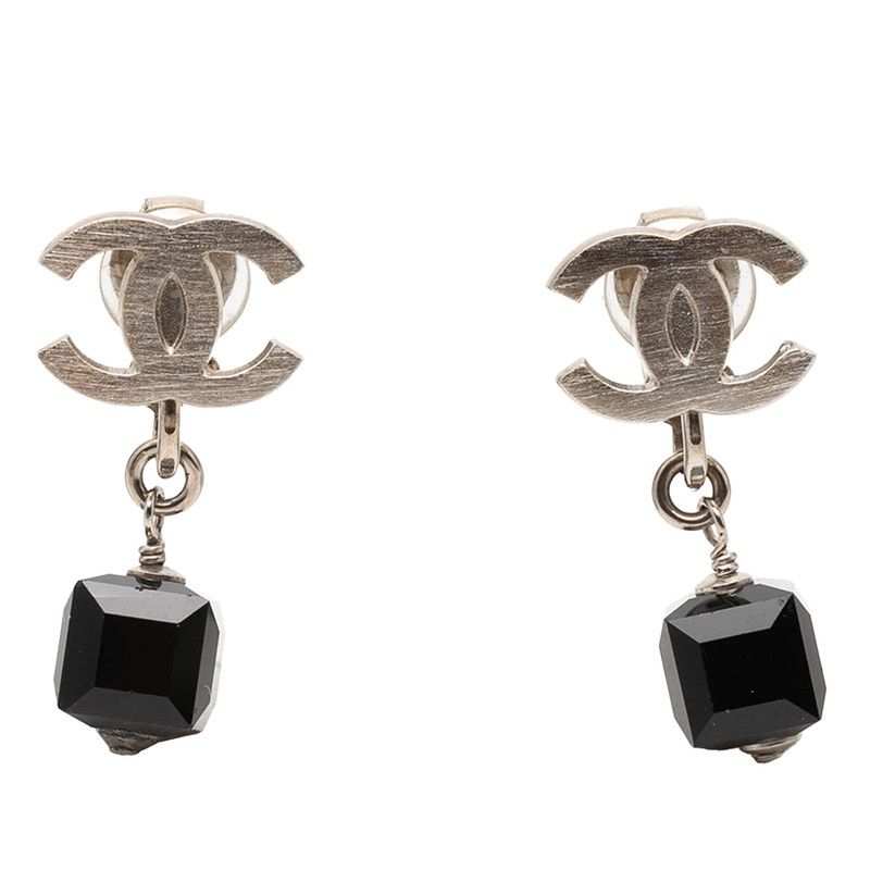 Chanel CC Logo Earrings 08 Silver Black Metal Plastic