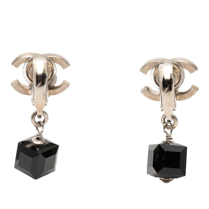 Chanel CC Logo Earrings 08 Silver Black Metal Plastic — view 2