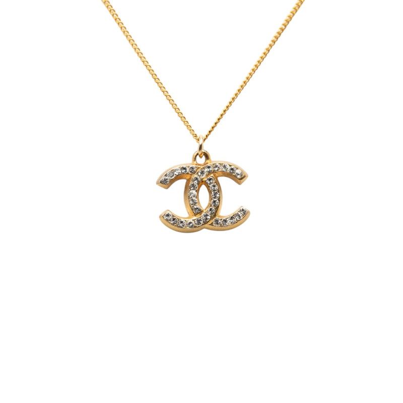 Chanel CC Logo Chain Pendant Necklace 01 Gold Plated Line Stone