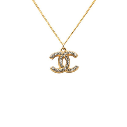 Chanel CC Logo Chain Pendant Necklace 01 Gold Plated Line Stone