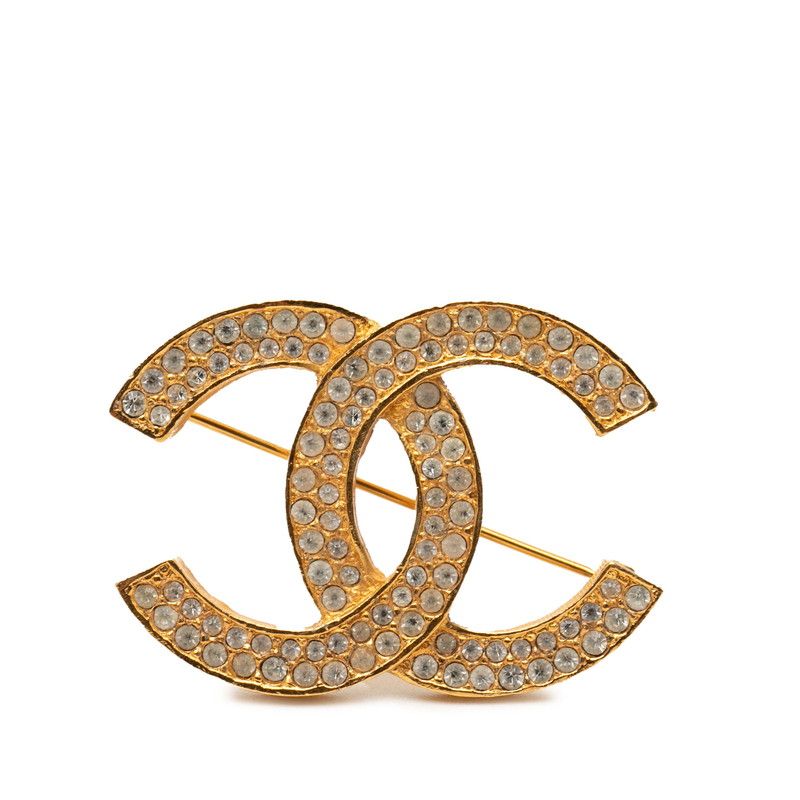 Chanel CC Logo Brooch Gold Plated Line Stone
