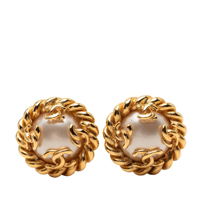Chanel CC Logo Vintage Earrings Gold Plated Faux Pearl