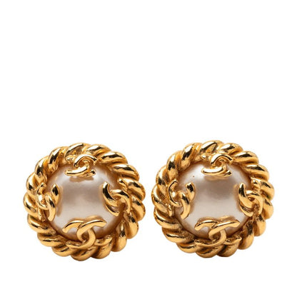 Chanel CC Logo Vintage Earrings Gold Plated Faux Pearl