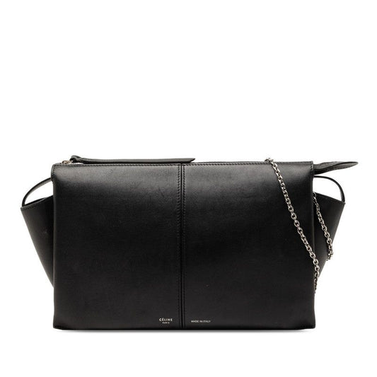 Celine Trifold Chain Shoulder Bag Black Leather