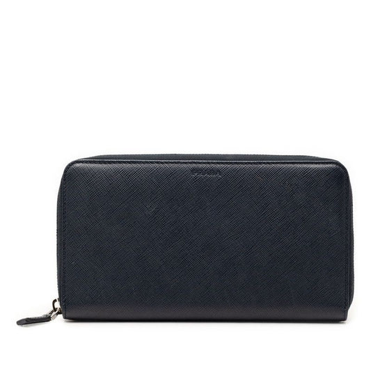 Prada Logo Wallet Zip Around Navy Saffiano Leather