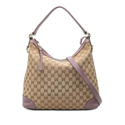 Gucci GG Canvas 2-Way Shoulder Bag Beige Purple Leather