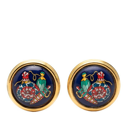 Hermes Enamel Cloisonne Round Earrings Gold Plated
