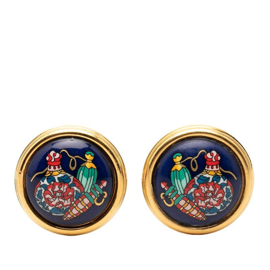 Hermes Enamel Cloisonne Round Earrings Gold Plated