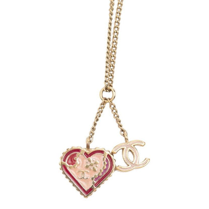 Chanel CC Logo Heart Pendant Necklace Gold Multicolor Plated