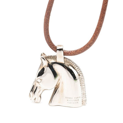 Hermes Cheval Horse Necklace Silver Brown Metal Leather