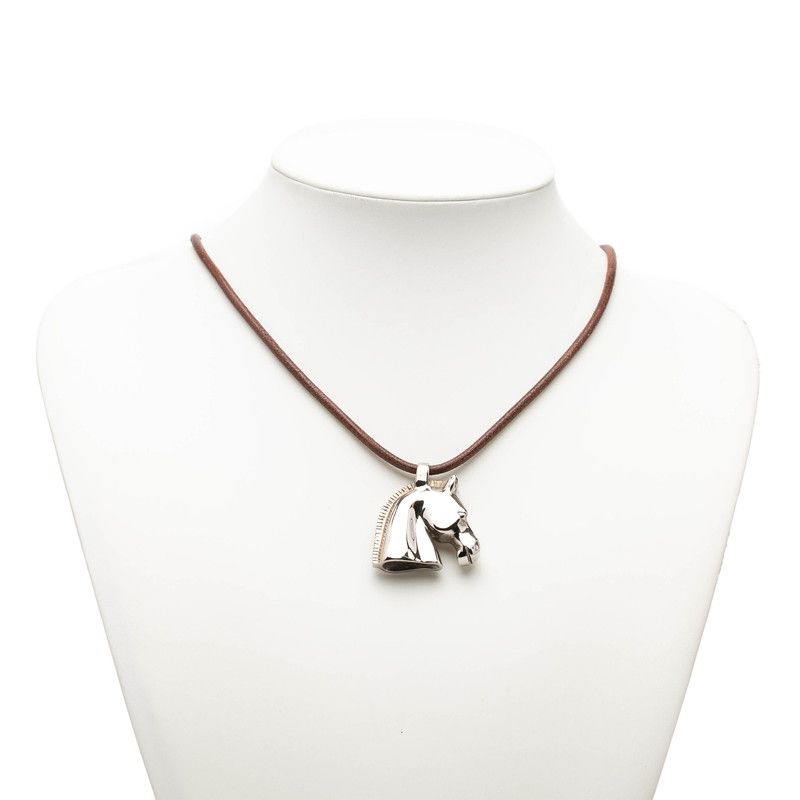 Hermes Cheval Horse Necklace Silver Brown Metal Leather — view 7