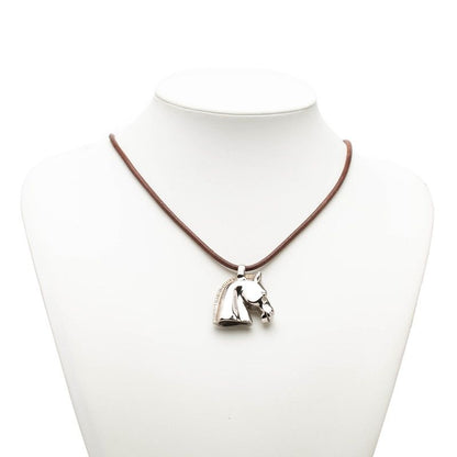 Hermes Cheval Horse Necklace Silver Brown Metal Leather — view 7